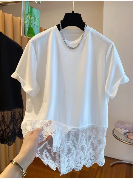 Lace-Trimmed Oversized T-Shirt White - 7