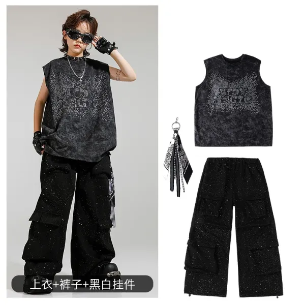 Design Streetwear Set: Acid Wash Rhinestone Vest Top + Cargo Pants +黑白挂件 Accessory - 1