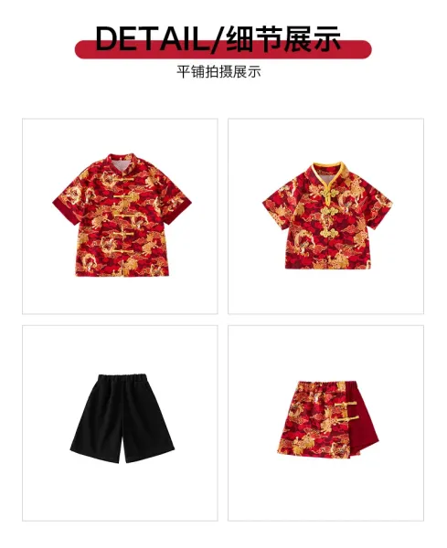 Traditional Chinese Dragon Print Hanfu-Style Set Red + Black Shorts + Folding Fan - 19