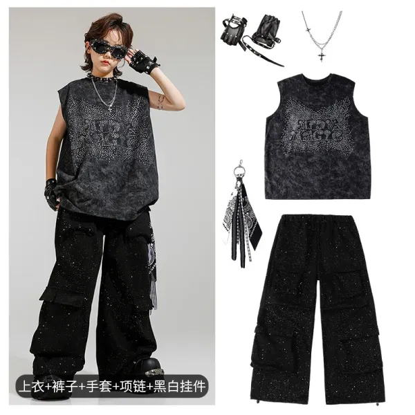 Design Streetwear Set: Rhinestone Graphic Vest Top + Cargo Pants + Fingerless Gloves + Cross Necklace + Bandana Keychain - 1