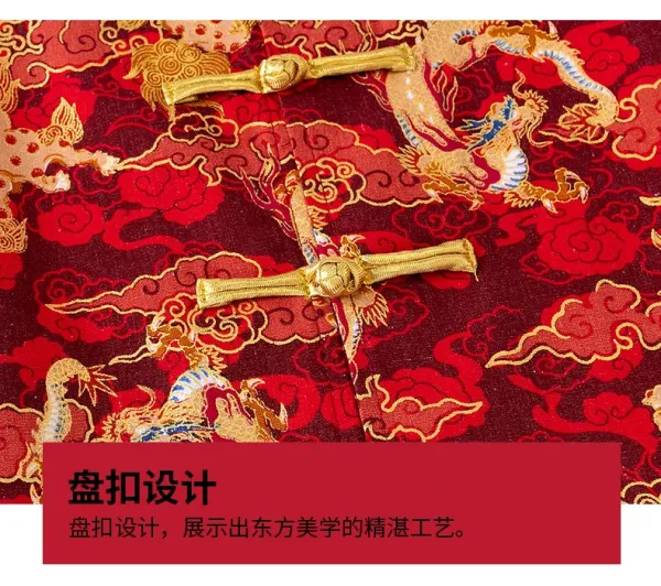 Traditional Chinese Dragon Print Hanfu-Style Set Red + Black Shorts + Folding Fan - 21