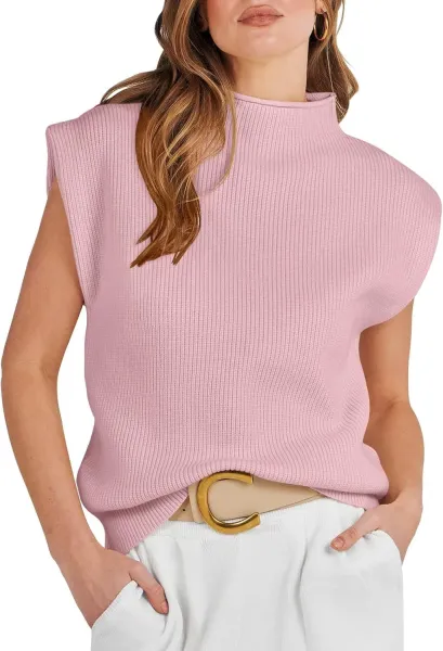 Ribbed Sleeveless Turtleneck Top in Pink Sweater - 1
