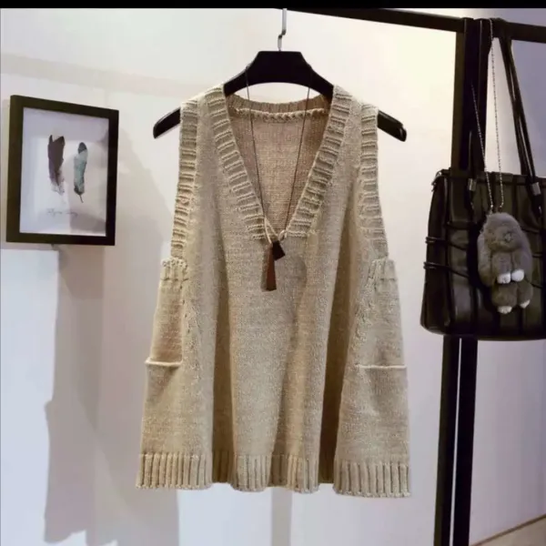 Knit V-Neck Sleeveless Vest Beige Sweater - 5