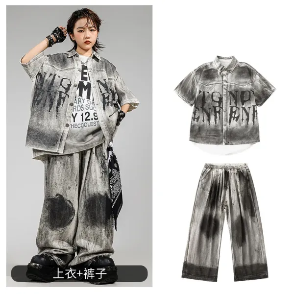 Streetwear Graphic Print Oversized Shirt and Tie-Dye Pants Set Gray - 1