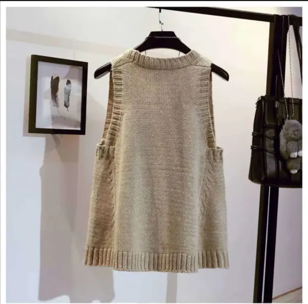 Knit V-Neck Sleeveless Vest Beige Sweater - 6