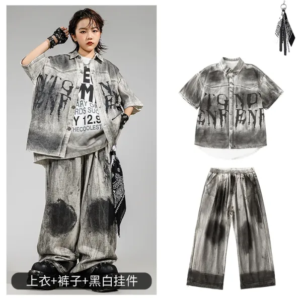 Streetwear Graphic Washed Denim Shirt and Tie-Dye Pants Set with Black-White Pendant Accessory - 1