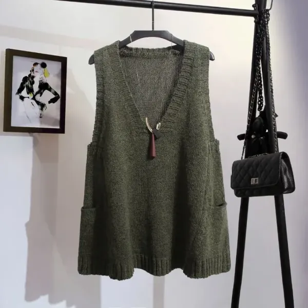 Knit V-Neck Sleeveless Vest Beige Sweater - 8