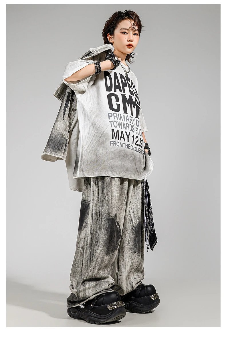 HECOOLEST Distressed Graphic Shirt and Tie-Dye Pants Set Gray - 8