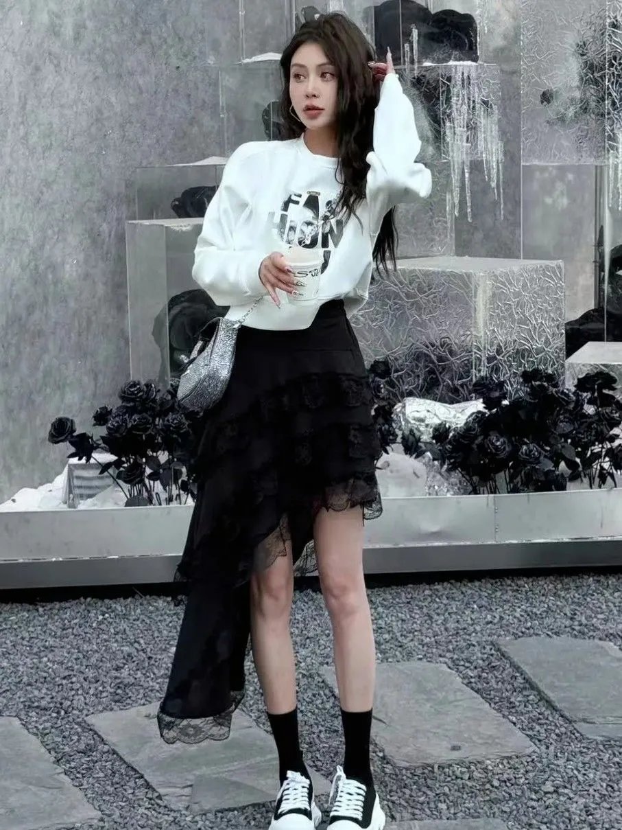 White Lace Asymmetrical High-Low Skirt - 5