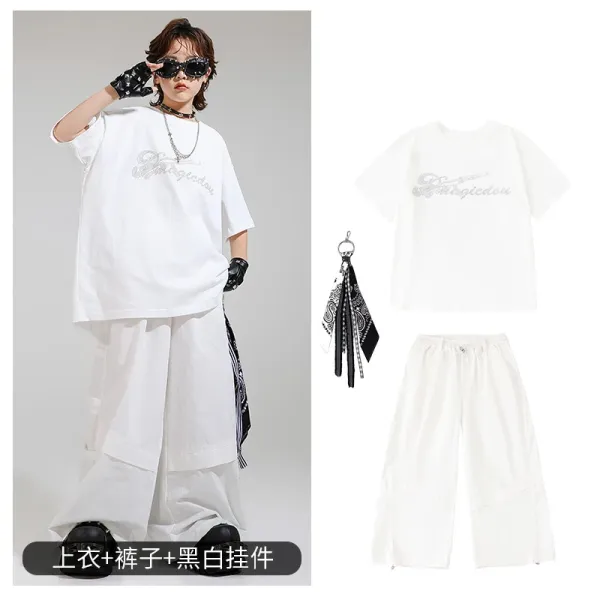 Magicidou Embroidered Oversized T-Shirt and Wide-Leg Pants Set with Bandana Keychain - 1