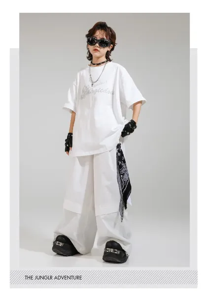 Magicdou Graphic Embroidered Oversized T-Shirt and Wide-Leg Pants Set in White with Black Accessories - 13
