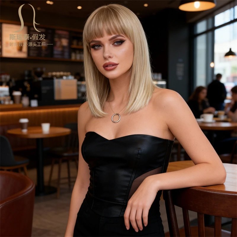 Siretai Synthetic Bob Wig with Bangs in Ash Blonde Hairpiece - 6
