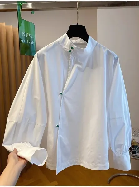 White Mandarin Collar Shirt with Green Buttons - 6
