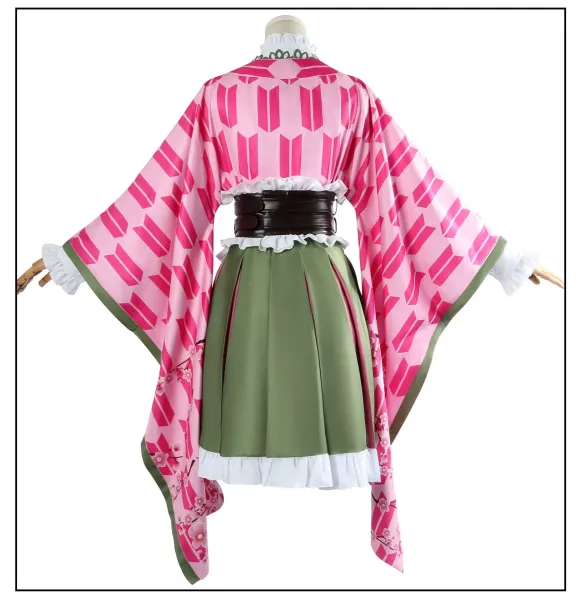 Cosplay Full Set + Wig: Pink & Green Gradient Hair, White Ruffled Shirt, Olive Skirt, Geometric Coat - 11