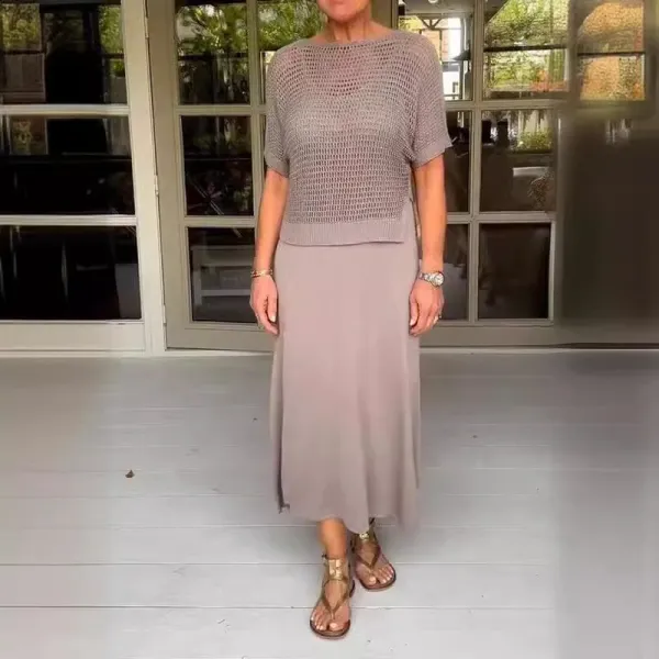 Design Open-Knit Cropped Top and Flowy Maxi Skirt Set in Mauve - 1
