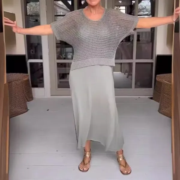 Eileen Fisher Mesh Knit Top in Gray with Flowing Sage Skirt Set - 1