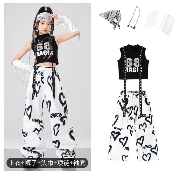 SS MAGIC Streetwear Set Black/White Heart Print Pants and Vest Top with Accessories - 1