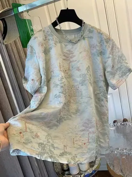Design Embroidered Landscape Print T-Shirt in Pale Mint - 7