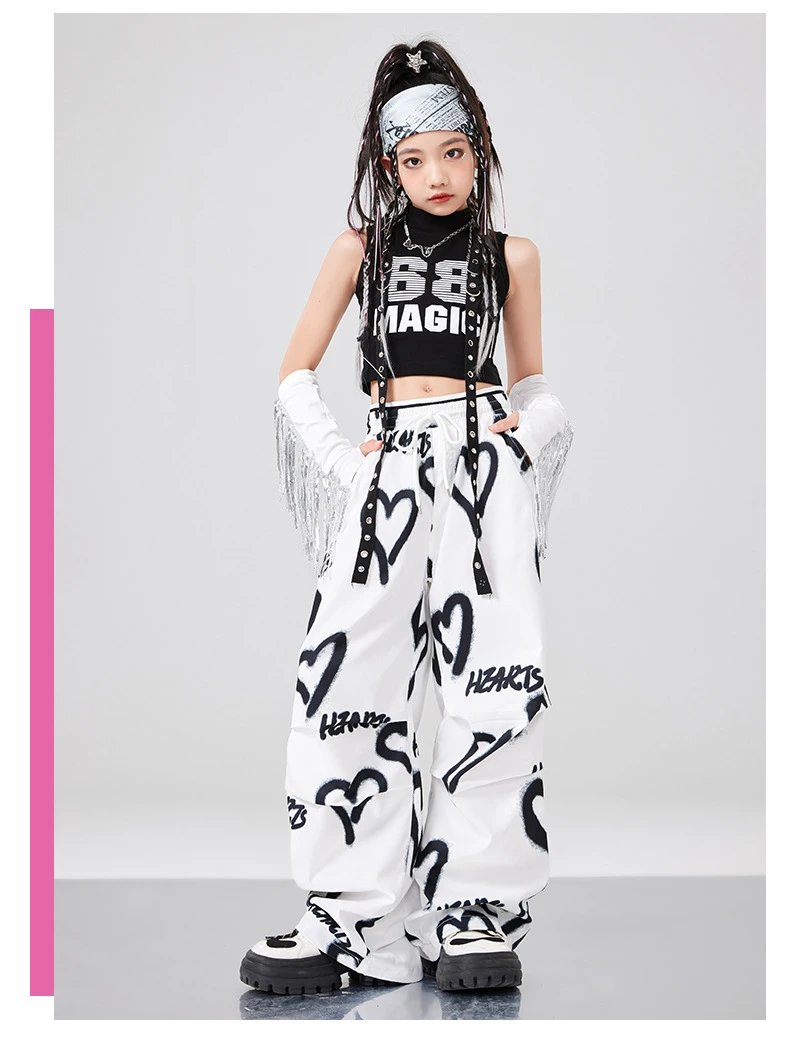 BB Magic Streetwear Set Black/White Heart Print Vest Top + Cargo Pants + Fringe Arm Warmers + Chain Necklace - 12