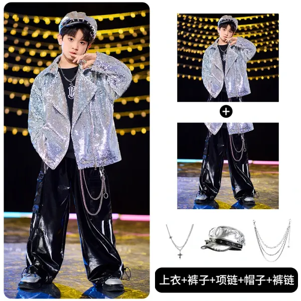Design Sequined Oversized Jacket + Glossy Wide-Leg Pants + Chain Necklace + Metallic Cap +裤链 Set - 1