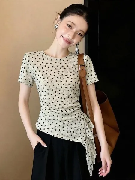 Polka Dot Ruched Asymmetrical Hem T-Shirt Beige with Black Dots - 5
