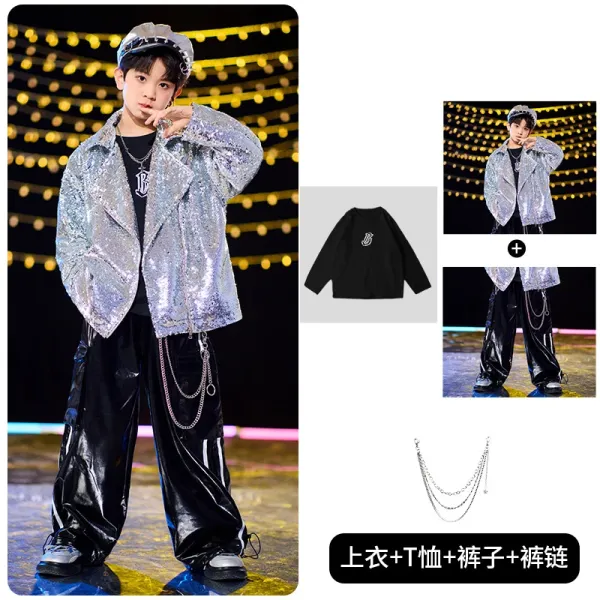 Design Sequined Oversized Jacket + Black Graphic T-Shirt + Glossy Vinyl Pants + Chain Belt Set - 1