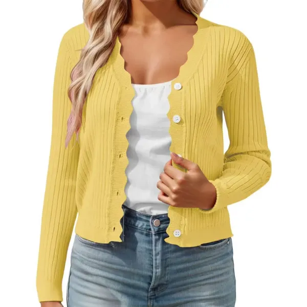 Ribbed Scalloped Hem Cardigan Yellow Outerwear - 1