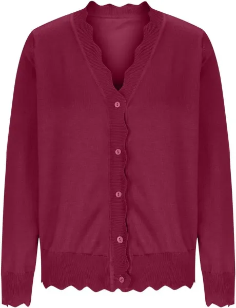 Scalloped Hem V-Neck Cardigan in Burgundy - 1
