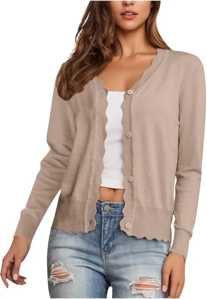 Scalloped Hem V-Neck Cardigan in Burgundy - 11