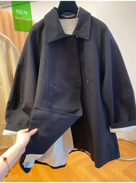 Oversized Collar Coat in Navy with Contrast Cuff Detail Outerwear - 14