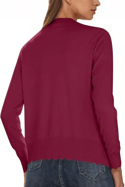 Scalloped Hem V-Neck Cardigan in Burgundy - 21