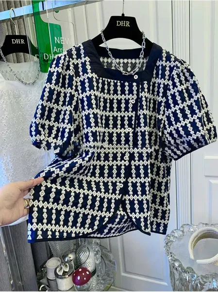 DHR Eyelet Lace Square-Neck Blouse White Top - 6