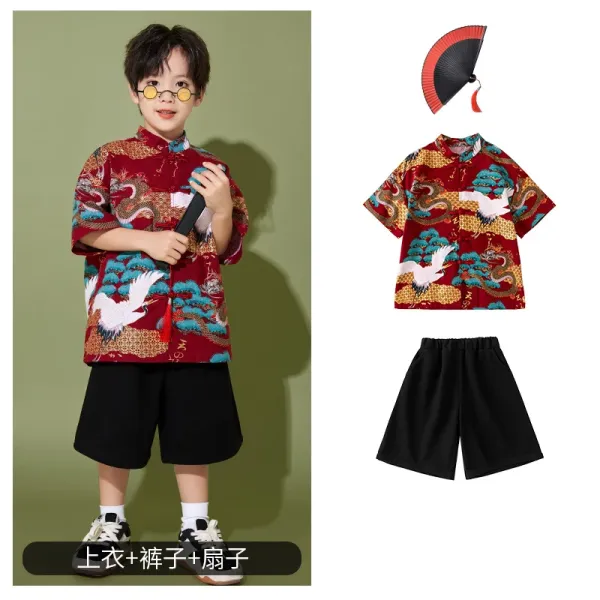 Traditional Chinese Dragon and Crane Print Shirt Set with Fan Accessory Red Multicolor Clothing Set - 1