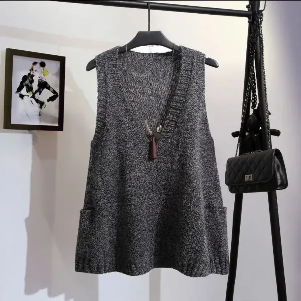 Knit V-Neck Sleeveless Vest Beige Sweater - 7