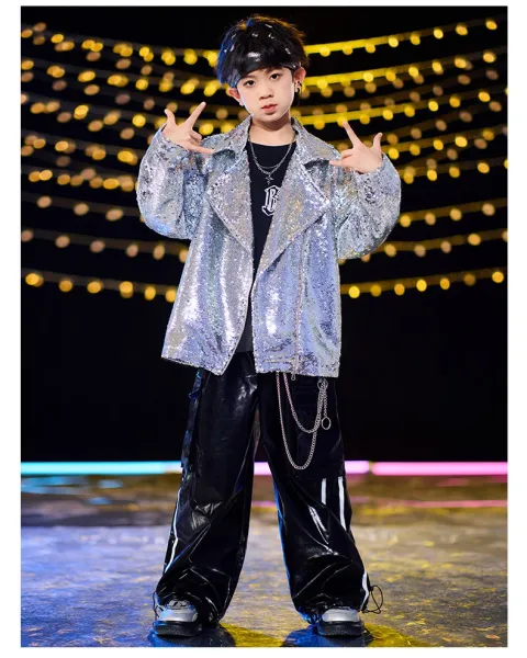 Design Sequined Oversized Jacket Silver + Black Graphic T-Shirt + Glossy PVC Pants + Chain-Embellished Cap + Cross Pendant Necklace Set - 6