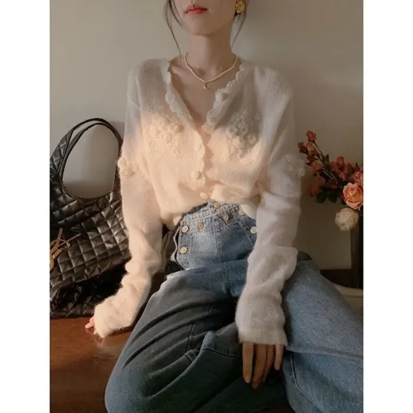 Elegant Floral Embroidered Sheer Knit Cardigan in Ivory - 9