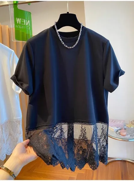 Lace-Trimmed Oversized T-Shirt White - 17