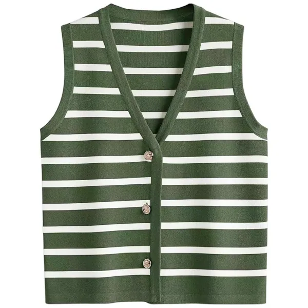 Striped Knit Vest Top in Olive Green and White - 1