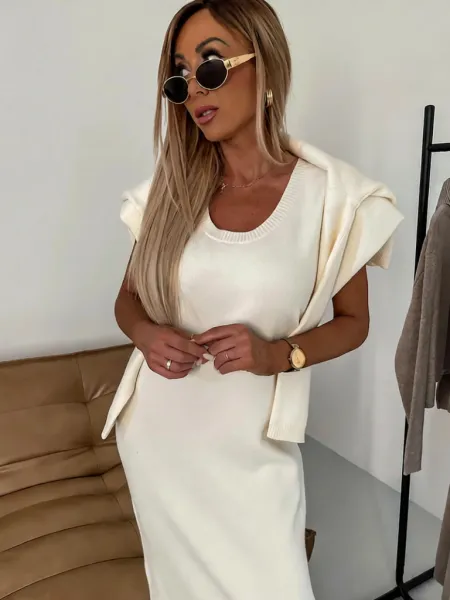 Cream Knit Dress with Draped Shoulder Cardigan Overlay - 1