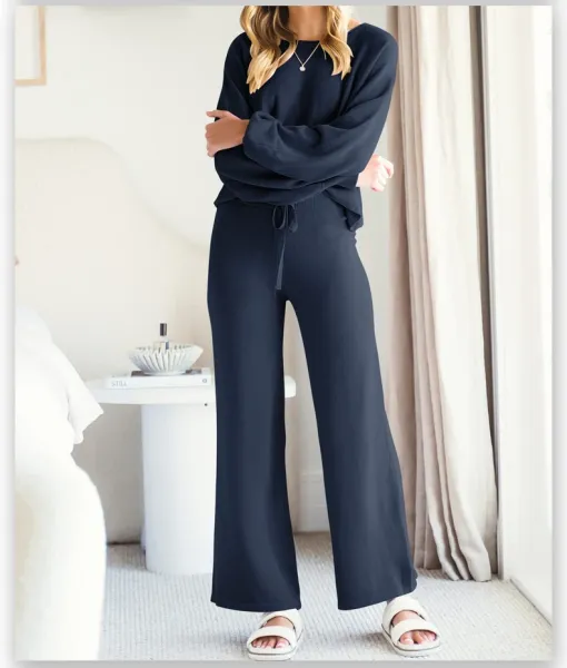 Beige Knit Lounge Set with Drawstring Waist Pants - 12