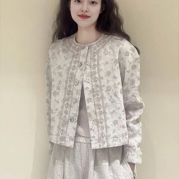 Chanel Tweed Floral Embroidered Jacket in Beige Gray - 1