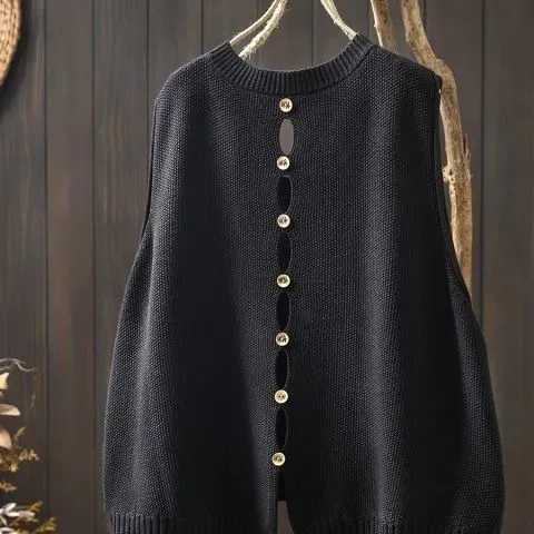 Design Knit Sleeveless Vest Top in Black with Gold Buttons - 1