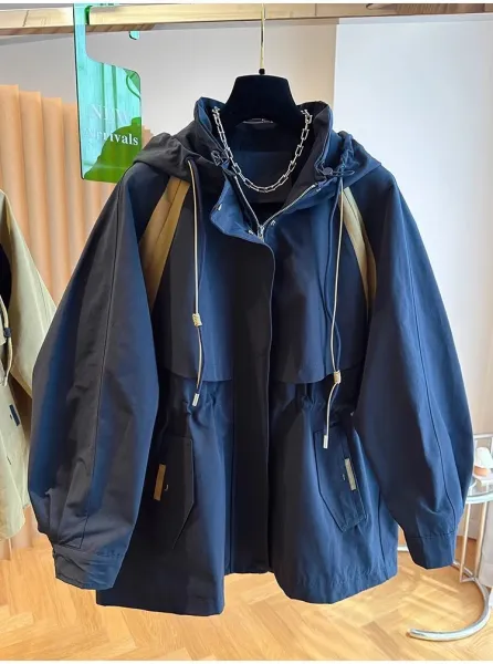 Design Utility Hooded Windbreaker Beige with Navy Panels Outerwear - 13