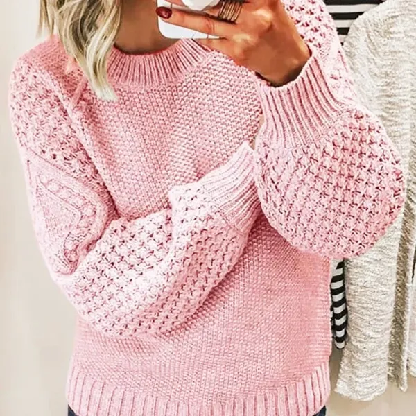 Pink Textured Knit Balloon Sleeve Sweater - 1