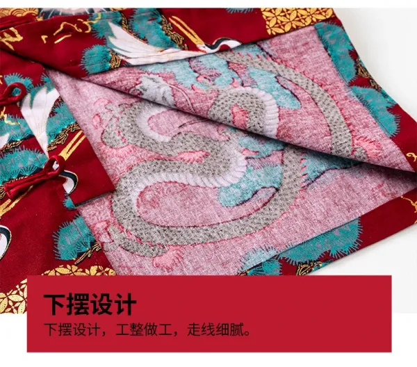 Traditional Chinese Dragon and Crane Print Shirt Set with Accessories in Red Multicolor - 22