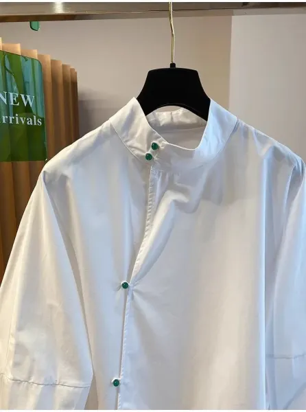 White Mandarin Collar Shirt with Green Buttons - 4