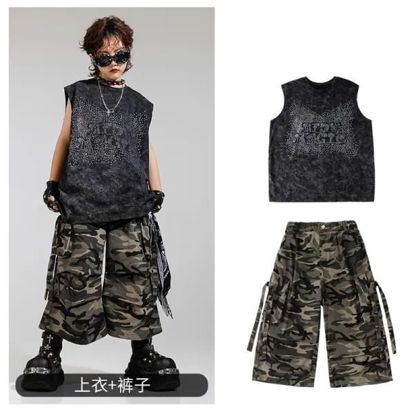 Design Streetwear Set: Rhinestone Graphic Vest-Top + Camo Cargo Shorts - 1