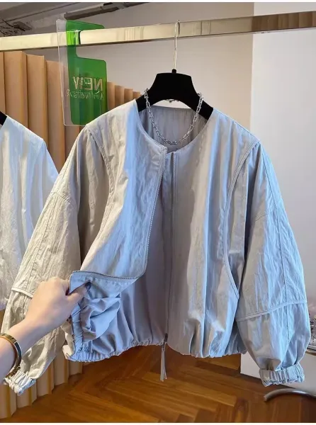 Design Oversized Puff-Sleeve Cropped Windbreaker Light Gray Outerwear - 12