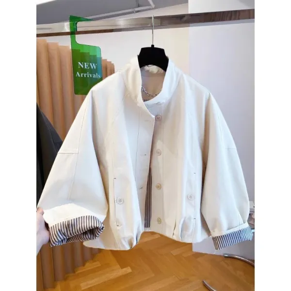 Design Oversized Cropped Jacket in Beige with Striped Cuff Detail Outerwear - 7