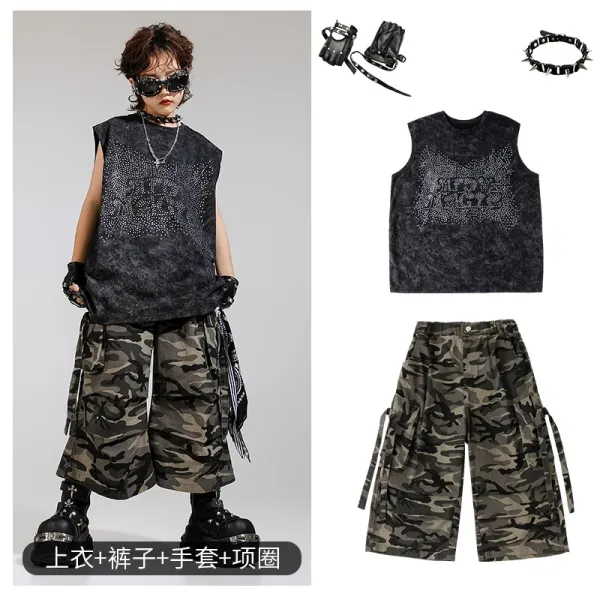 Design Streetwear Set: Rhinestone Graphic Vest Top + Camo Cargo Shorts + Spiked Gloves + Studded Choker - 1